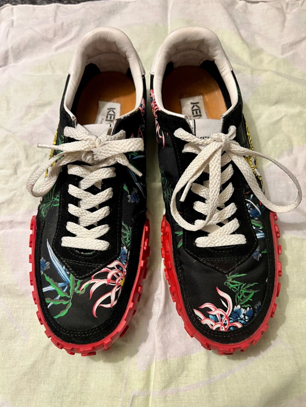 Kenzo Black Floral MOVE Lace-Up Sneakers with Red Lug Soles